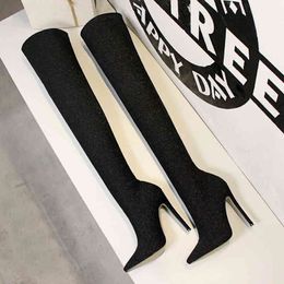 Autumn Winter Glitter Women Thigh high boots Elegant Thin heeled Elastic Slim Over the knee boots high heels Sock boots shoes 211220