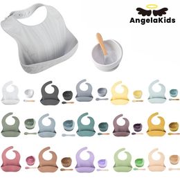 AngelaKids Feeding Set Bowl Baby Grade Silicone Non-Silp Suction Tableware Kids Silicone BPA-Free Waterproof Portable Stuff 211027