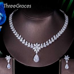 ThreeGraces Elegant White Cubic Zirconia Crystal Water Drop Earrings and Necklace Bridal Wedding Jewellery Set for Brides TZ531 H1022