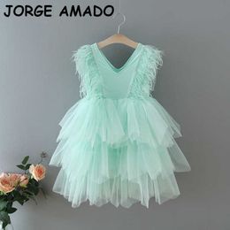 Wholesale Feather Girl Party Dress Style Fluffy Tulle Layer Princess Dresses for Wedding Show Kids Clothes E1955 210610