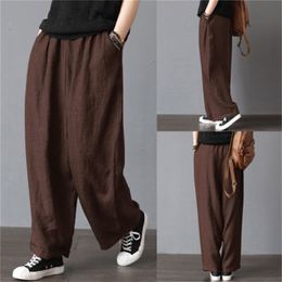 Women Casual Loose Solid Colour Wide Leg Pants Cotton Linen Casual Bloomers Trousers Harem Plus Size Clothing S-5XL Women Pants T200319