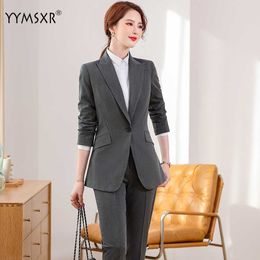 YYMSXR High Quality Fashion Women Ladies Business Pant Suit Black Blue Grey S-5XL Single Button 2 Piece Set for Work 210527