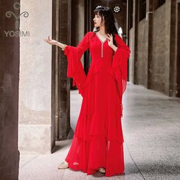 YOSIMI Floor-Length Red Long Women Dress Chiffon Summer V-neck Sleeve Fit and Flare Party Cake Dresses Elegant 210604