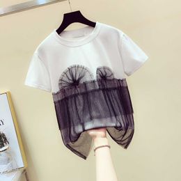 Mesh Irregular Patchwork Cotton Fake Two-Piece Short O Neck T-shirt Female Spring Summer Korean-Style Loose Women Tops 210615