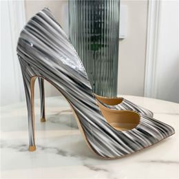 Casual Designer Sexy Lady Fashion Women Shoes Grey Stripe Patent Printed Leather Pointy Toe Stiletto Stripper High Heels Zapatos Mujer Prom Evening pumps 12cm