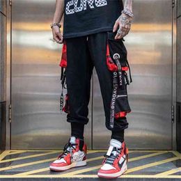 Men Hip Hop Black Cargo Pants joggers Sweatpants Overalls Ribbons Streetwear Harem Fashions Trousers 210715