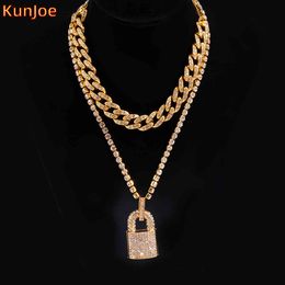 KunJoe 2021 Hip Hop Bling Lock Pendant Choker Iced Out Shiny Cubic Zircon Necklace For Men Charm Jewelry Fashion Punk China