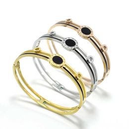 enamel bangle bracelets Canada - Black Enamel Charm Elegant Circle Roman Numeral Bracelets & Bangles for Women Stianless Steel Jewelry Luxury Lover Bangle Q0717
