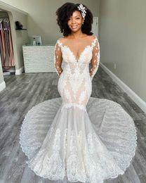 2021 Arabic Aso Ebi Lace Beaded Sexy Wedding Dresses Sheer Neck Mermaid Bridal Dresses Long Sleeves Wedding Gowns ZJ234