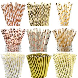 500pcs Rose Gold Paper Straws Strip Dot Drinking Straw Disposable Tableware Party Supplies Wedding Birthday Party Decoration Kids