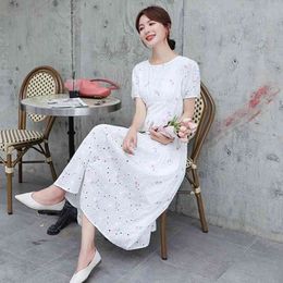 summer fashion casual women O neck White short-sleeved jacquard embroidered cotton dress 210531