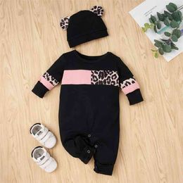 Autumn 2-piece Baby Leopard Jumpsuit with Hat Toddler Girl One Pieces Jumpsuits Clothes 210528
