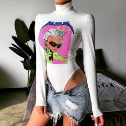 Women's Sexy Basic Bodysuit Fashion Girl Printed Long Sleeve Turtleneck Top Stretchy Romper Ladies Jumpsuit High Street Bacis Y0927