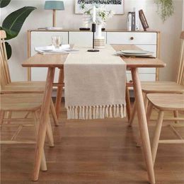 Cilected Modern Simple Table Runner Beige Handmade Tassel Cotton Linen cloth Household Runners Decoration 210709