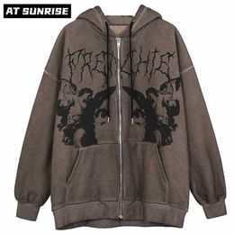 Men Hip Hop Streetwear Hooded Jacket Angel Dark Print Coat Harajuku Cotton Fleece Autumn Winter Outwear Zipper 211217