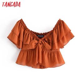 Tangada Women Retro Plaid Crop Shirt Ruffles Short Sleeve Summer Chic Female Sexy Slim Shirt Tops 3H278 210609