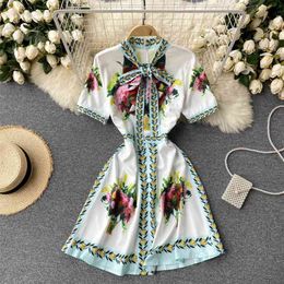 Women's Fashion Bow Neck Printing Color Matching Slim A-line Dress Summer Elegant Korean Vestido De Mujer S440 210527