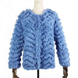 Real Fur Knitted Rabbit Fur coat jacket Fashion stripe sweater Lady Natural Fur Wedding Party Wholesale 210910
