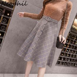 Neophil Winter Woollen Plaid Skirts Women Knee Length Ball Gown Button Sashes High Waist Flare Skirts England Falda S9223 211120