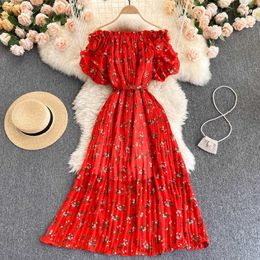 Summer Sexy Slash Neck Chiffon Pleated Dress Women Vacation Beach Floral Printed Draped Vestidos Yellow/Red/White Robe 2021 New Y0603