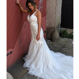 Lus Size Wedding Dresses Sexy V Neck Backless Sleeveless Beach Bridal Gowns Lace Appliqued Mermaid Dress Vestidos De Noiva 328 328