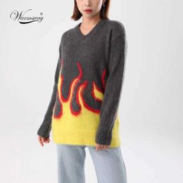 High Quality Winter Personality Flame Jacquard Fluffy Knitted Tops Fashion Womens Wool Mohair Knitwear Pullovers Jumpers C-224 211014