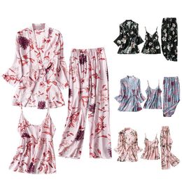 Satin Silk Pyjamas 3PCS Women Nightdress Lingerie Robes Underwear Sleepwear Sexy Bathrobe Gown Pyjamas Suit Nightwear Nightie Q0706