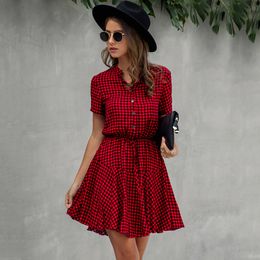 Lossky Women Cotton Mini Dress Fashion Summer Plaid Snake Short Sleeve Casual Ruched Short Nice Shirt Dress Clothes Elegant 210302