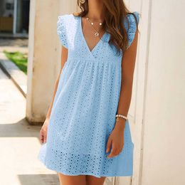 Jocoo Jolee Elegant Hollow Out Mini Dress Sexy V Neck Butterfly Sleeve Lace Short A Line Casual Loose Summer Y0823