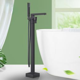 Matte Black Square Bathtub Shower Faucets Floor Standing Faucet Hot Cold Water Shower Mixer Tap Bathroom Waterfall Mixer