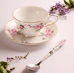 Korean Bone China Coffee Flower Gold Rim Tea Mug Luxury Porcelain and Saucer Coffe Set Fincan Wedding Cup AC50BD