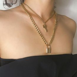 SHIXIN Fashion Key Padlock Pendant Necklace for Women Gold/Silver Lock Necklace Layered Chain on the Neck With Lock Punk Jewelry