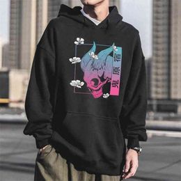 Ghost harajuku Japanese Anime Cherry blossoms Hoodies Unisex Sweatshirt Funny Print Men's Hoodie Male Streetwear Casual Coat 210813