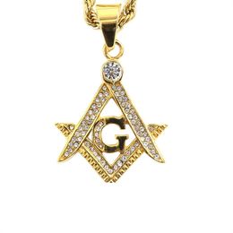 Stainless Steel Gold Freemason Masonary Masonic Pendant With white crystal CZ Compass Square Necklace Pendants Jewellery For Men Women Gift