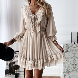 Women Dress Spring Autumn Sexy Lace Mini Dress Elegant Long Sleeve Ruffle Chiffon Dress Deep V Neck Ladies Clothes Vestidos 210309