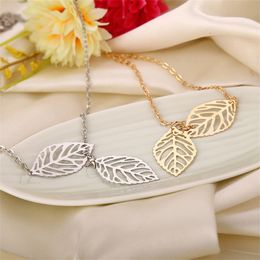 vintage gold leaf necklace Australia - Simple European New Fashion Vintage Punk Gold Hollow Two Leaf Leaves Pendant Necklace Clavicle Chain Charm Jewelry Women 153 T2