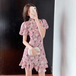 Summer Lace Cheongsam Dress for Women Single-breasted Floral Embroidery Short Sleeve Ruffles Mermaid 210529