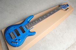 Rosewood Fingerboard 6 Strings Blue Body Electric Bass Guitar with White Pearl Inlay,Can be customized