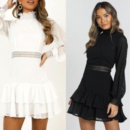 Women Ruffled Lace Stitching Dress Sexy Hollow Out Autumn Long Lantern Sleeve Stand Collar Mini Dress Ladies Party Club Wear D25 210309