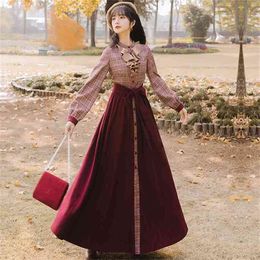 Winter Vintage Plaid Long Women Dress Elegant Wool Ankle-Length Fake Set Vestidos Full Sleeve Evening Party 210603