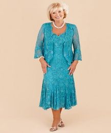 Elegant Turquoise New Plus Size Mother of the Bride Lace Dresses 2022 Tea Length Wedding Party Gowns with Long Sleeves Jacket