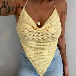 Missakso Knitted Hollow Out Crop Top Streetwear Club Fashion Summer Women Sexy Halter Neck Backless Sleeveless Tops 210625