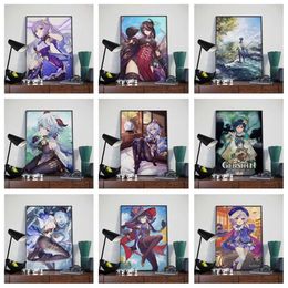 anime girl poster Canada - Genshin Impact Wall Art Game Characters Painting Anime Girl Prints Dorm Picture Living Room Bedroom Home Decor Canvas Poster HD Y0927