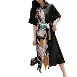 PERHAPS U Women Summer Black Loose Contrast Colour Spliced Lace Up Geometry Print Knee-Length Dress Lady Shirt Skirt D3999 210529