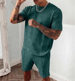 2021 Summer New Tracksuit Men Casual Sports Set Solid Color Plaid Short Sleeved Shorts Sets Mens Fashion 2 Piece Sportswear Y0831