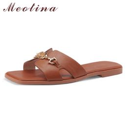 Meotina Slippers Shoes Women Genuine Leather Sandals Metal Decoration Med Heel Slides Flat Square Toe Lady Footwear Summer Brown 210608