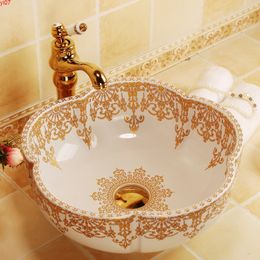 Morocco style flower shape gold decoration ceramic porcelain bathroom sinkshigh quatity