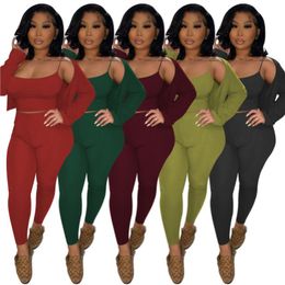 wholesale 3 piece set long sleeve cardigan vest pants outfits tracksuits sportswear fashion solid top trousers sweatsuit pullover legging suits klw7344