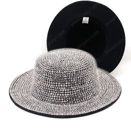 Full Diamond Adjustable Flat top Fedora Hat Bling Rhinestone Panama Women Men Wide Brim Felt Jazz Hats