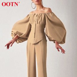 OOTN Sexy Slim Off Shoulder Women Shirt Blouses Lantern Sleeve Tunic Female Top Laides Shirt Pleated Elegant White Blouse Button 210721